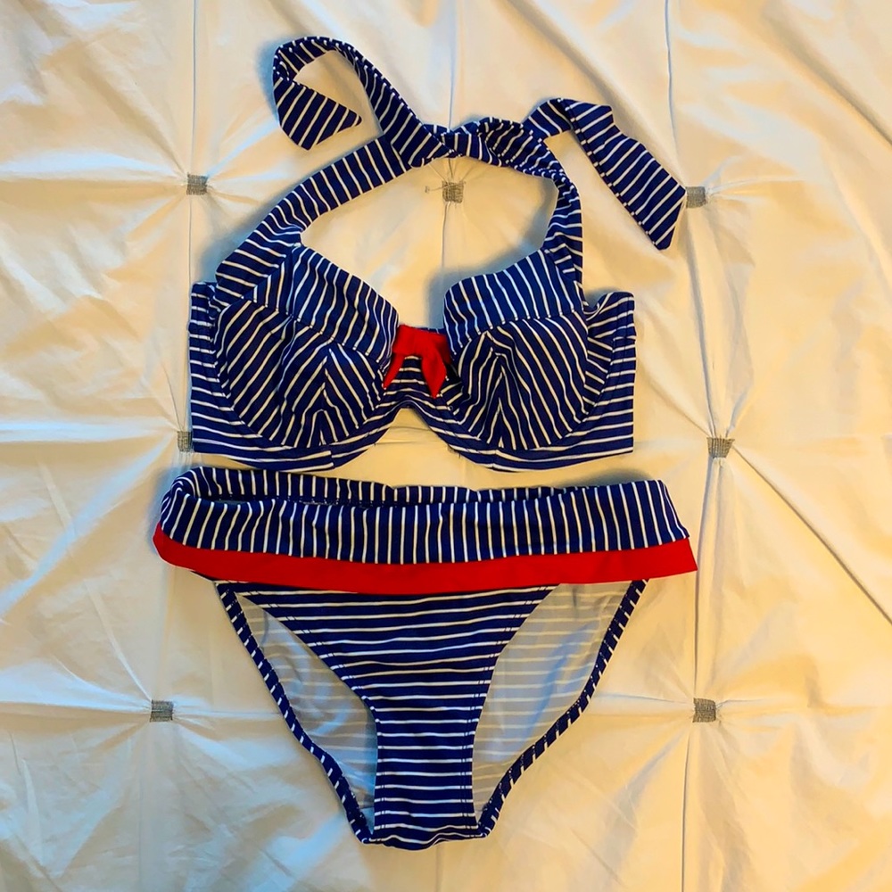 Panache Britt stripe swimsuit 32F top, XS bottom